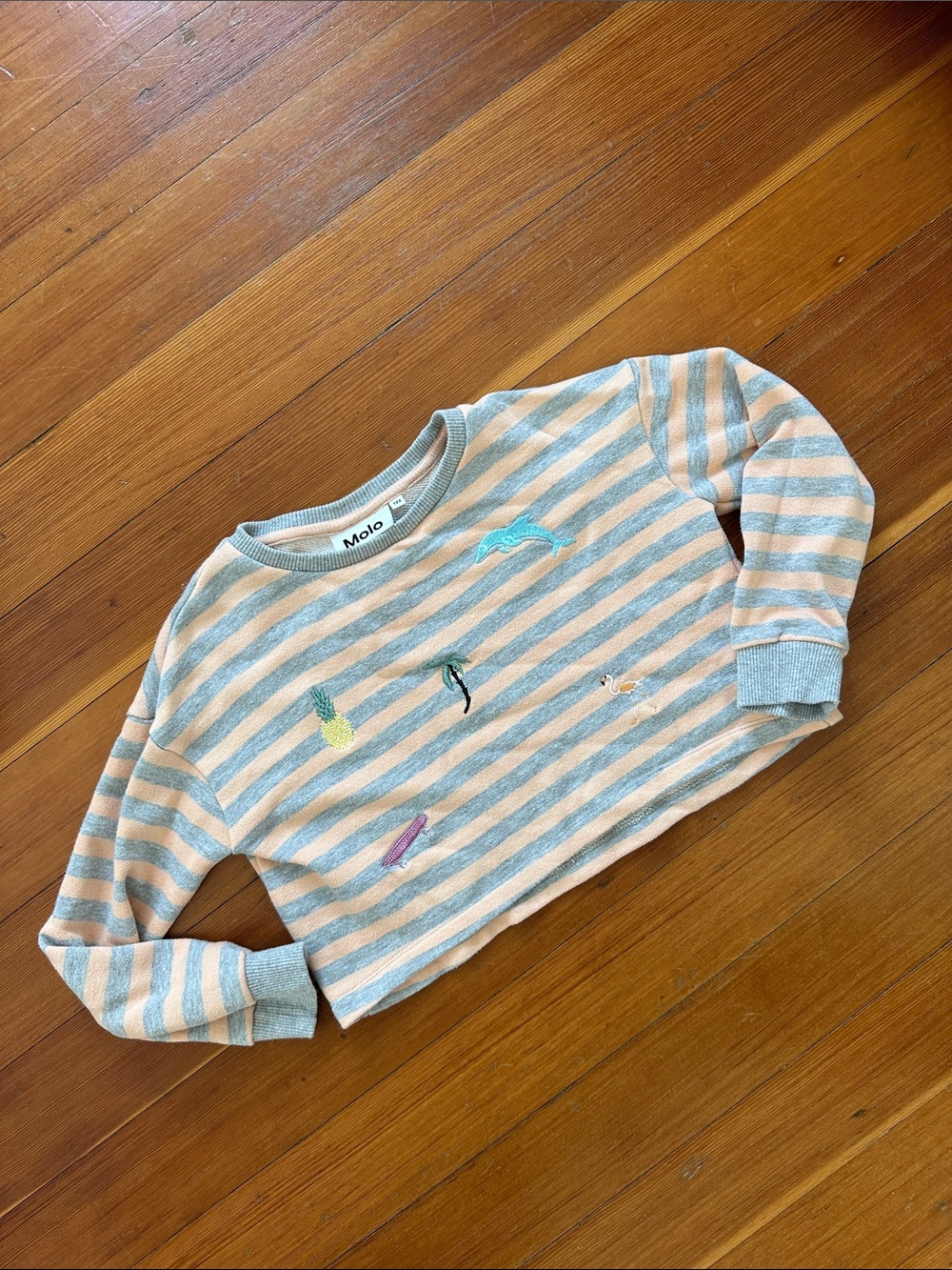Molo Striped crop Sweatshirt in Light grey & peach with Surf Embroidery